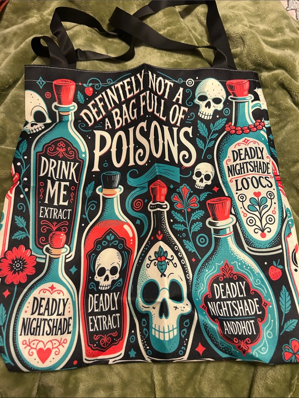 Black, Teal & Red Poison Bottle Tote